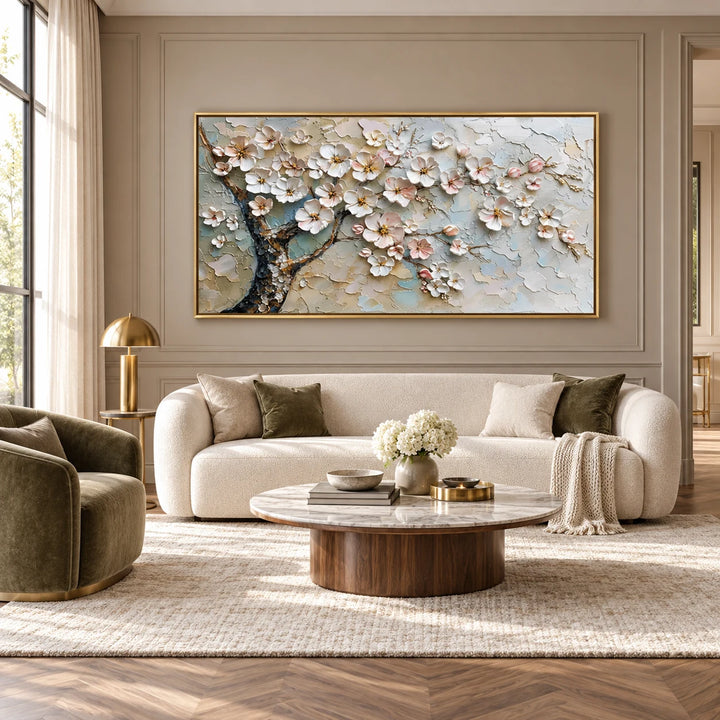 MT2615 textured artwork in gold frame, full styled home interior