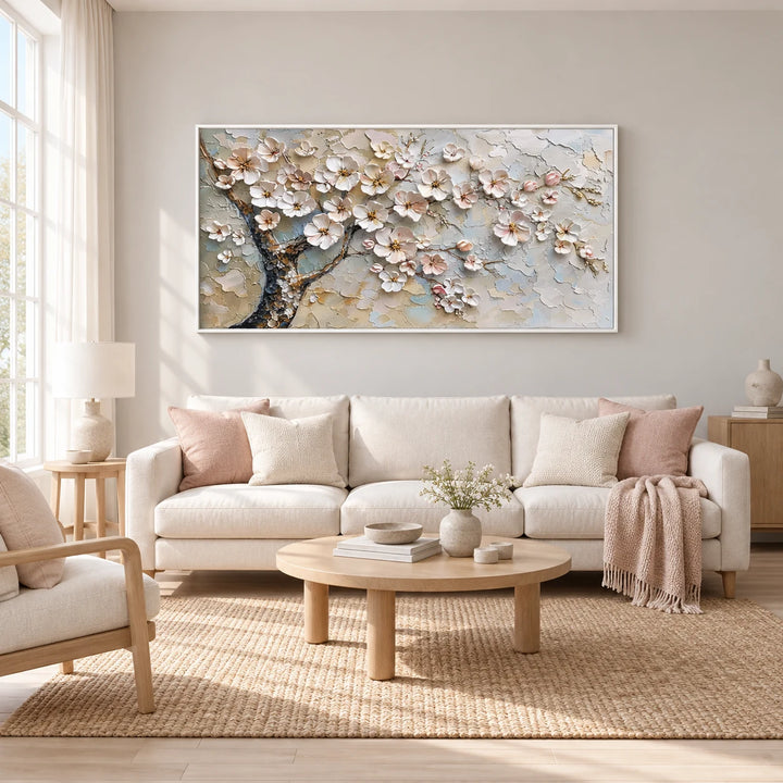 MT2615 textured artwork in white frame, full styled home interior