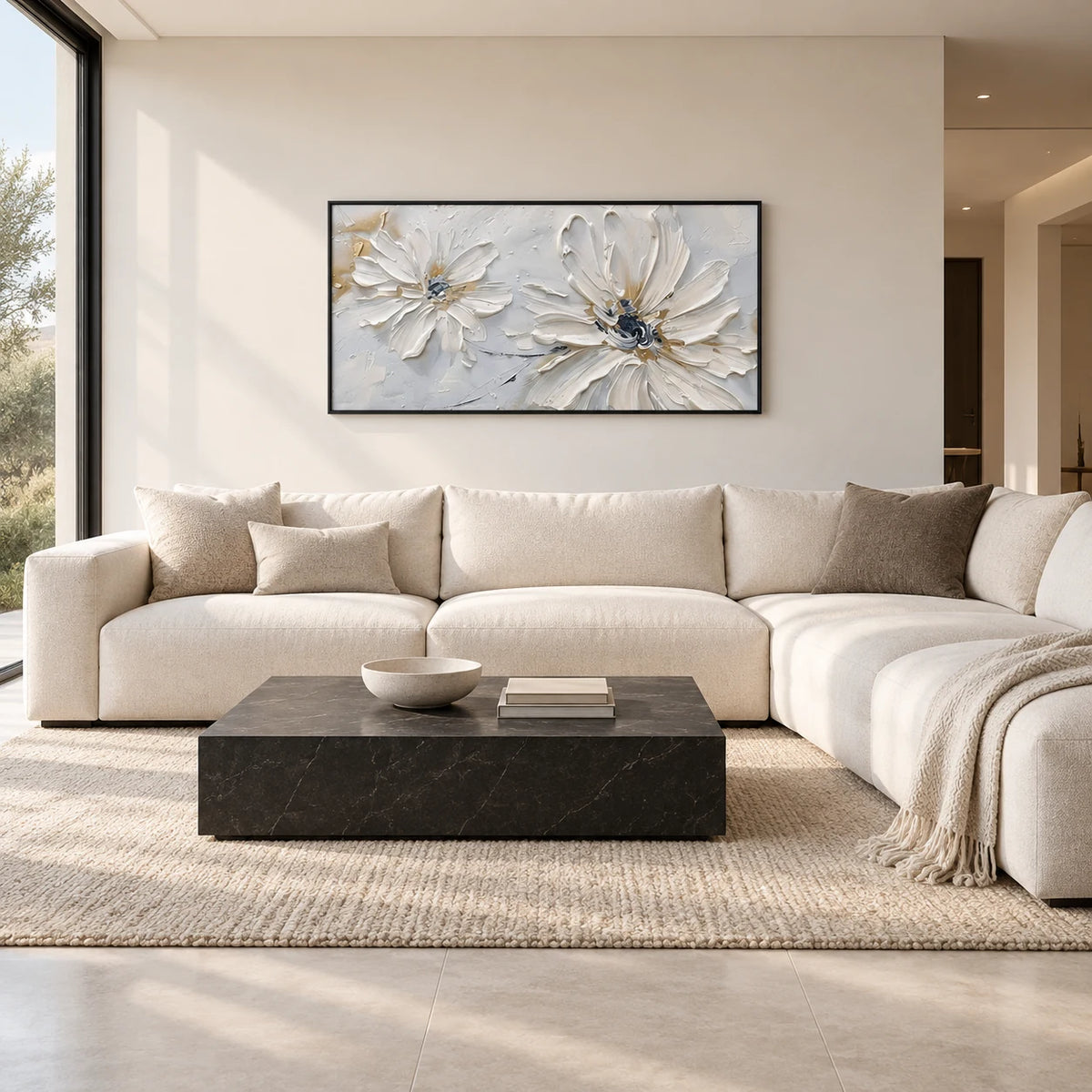 Same room with Minimal White Floral Abstract Painting MT#2617 in Black Frame