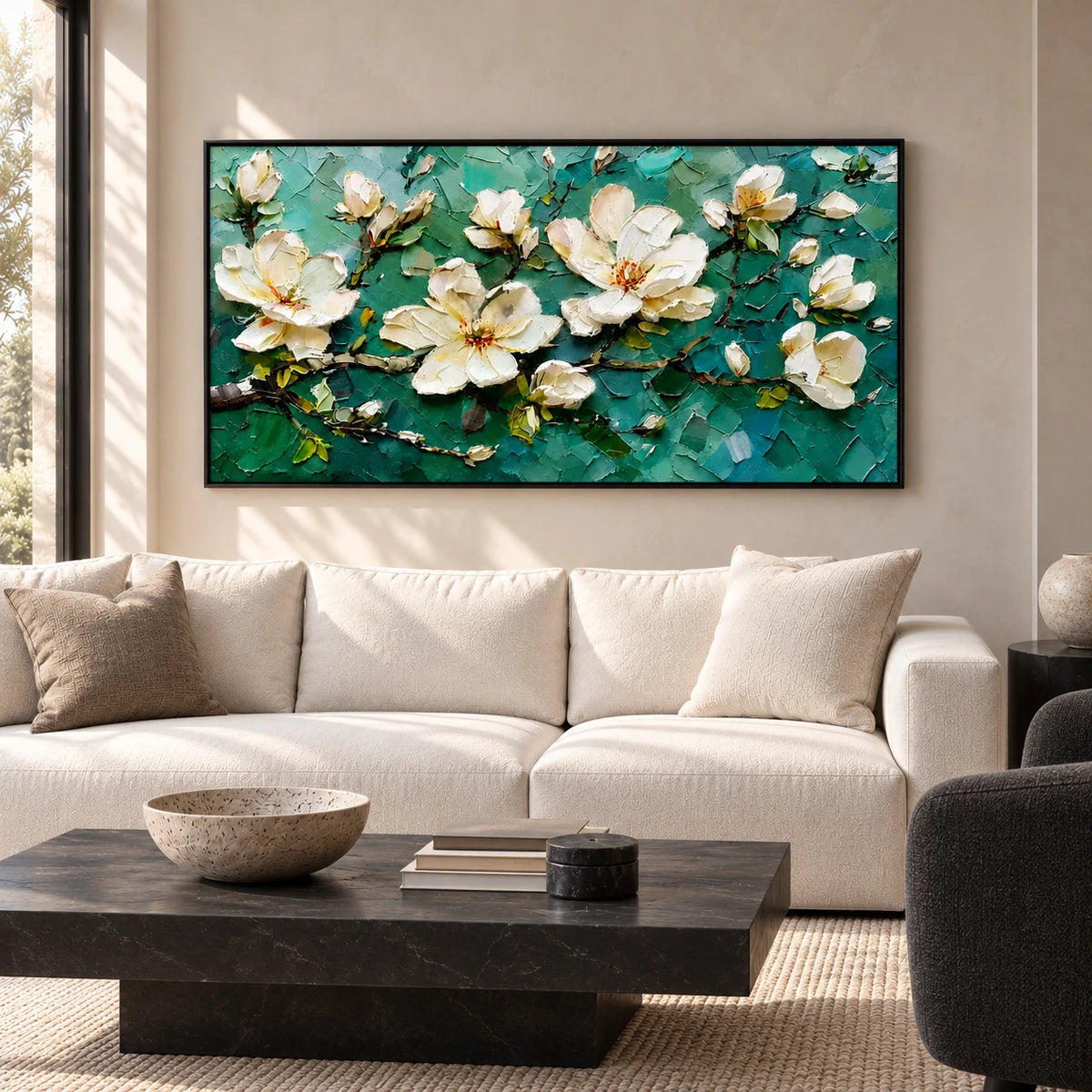 White Magnolia Textured Floral Painting MT#2620 — Existing room preview room preview
