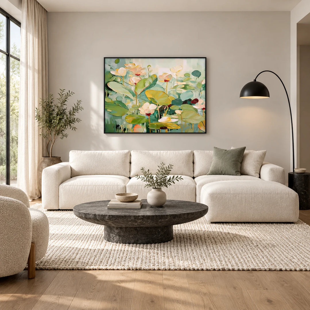 MT2621 green lotus floral abstract painting with black frame in a complete modern living room