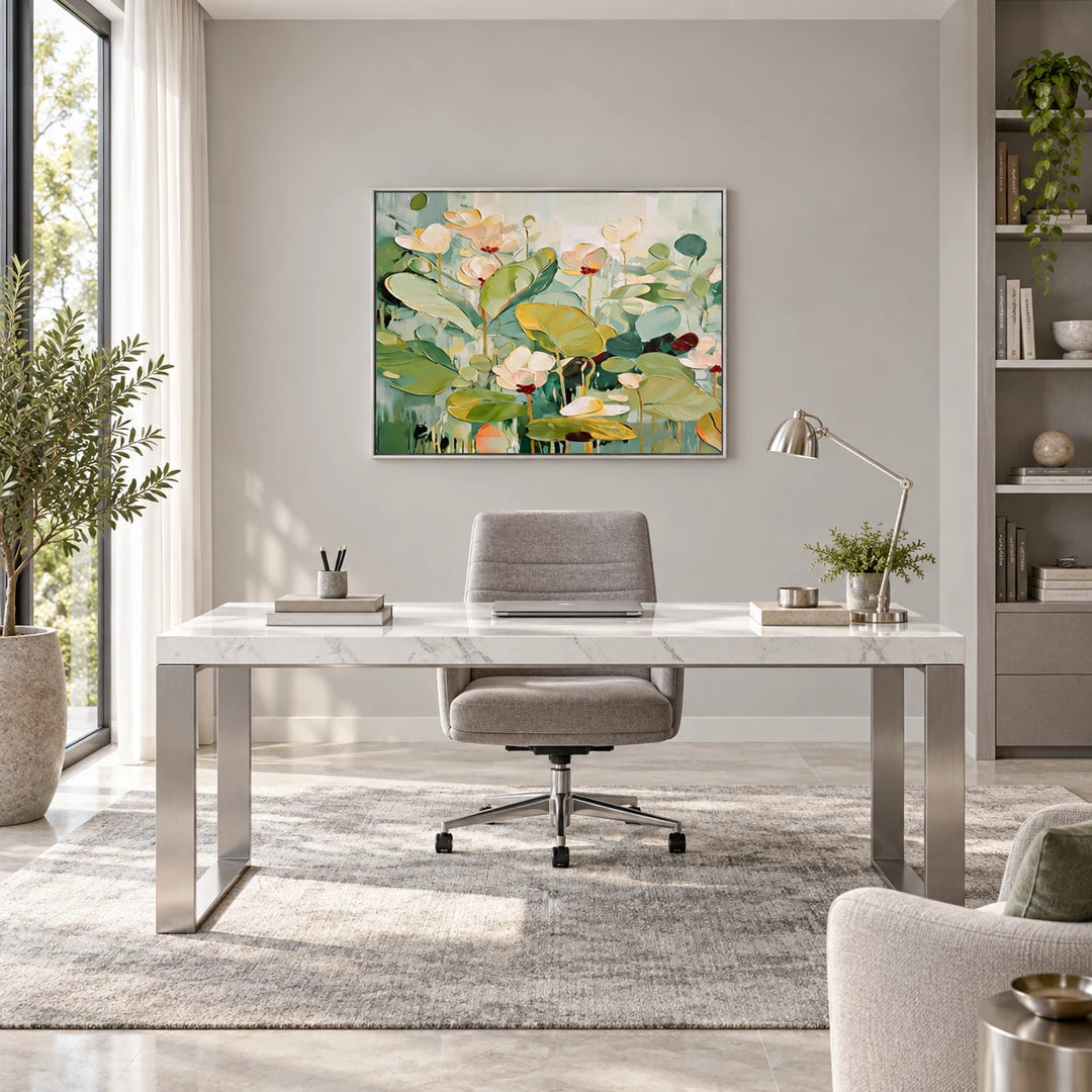 MT2621 green lotus floral abstract painting with silver frame in a complete modern home office