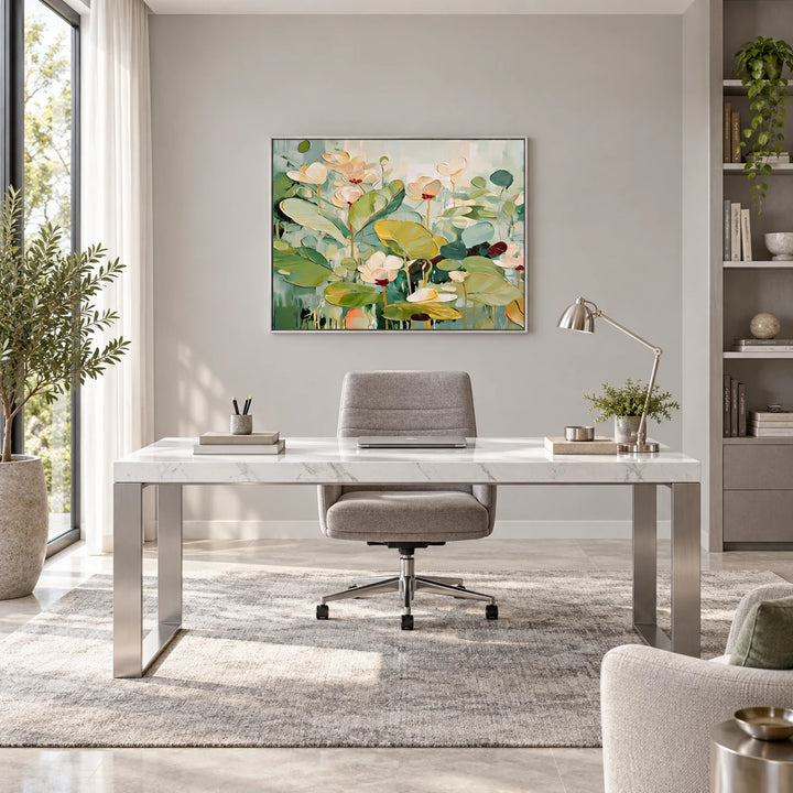 MT2621 green lotus floral abstract painting with silver frame in a complete modern home office