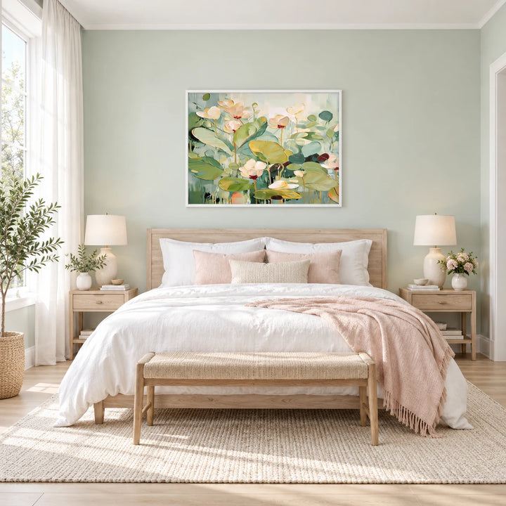 MT2621 green lotus floral abstract painting with white frame in a complete Scandinavian bedroom