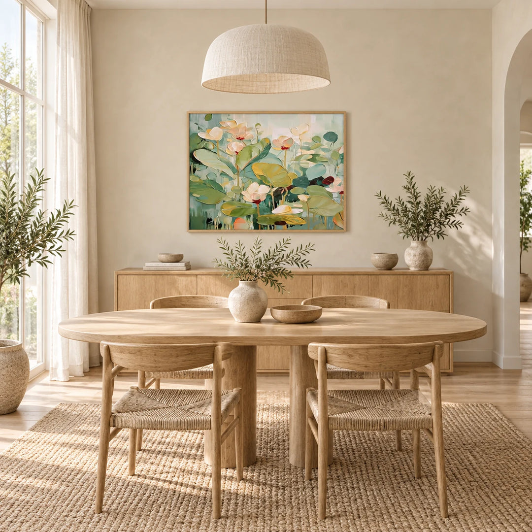 MT2621 green lotus floral abstract painting with natural oak frame in a complete Japandi dining room
