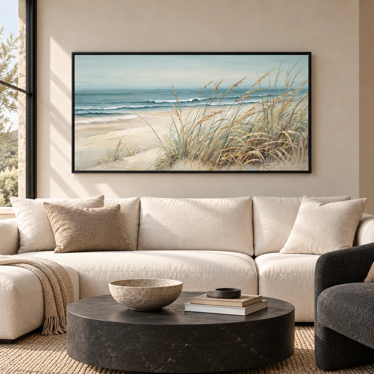 Soft Blue Beach Landscape Painting MT#2623 — Existing room preview room preview