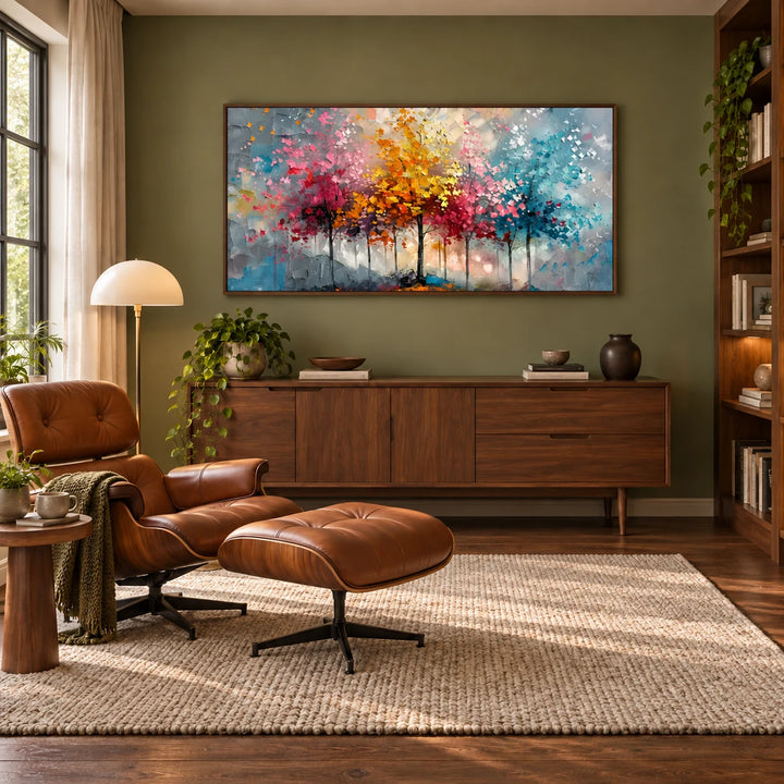 MT2624 colorful abstract trees painting with dark walnut frame in a complete midcentury reading room