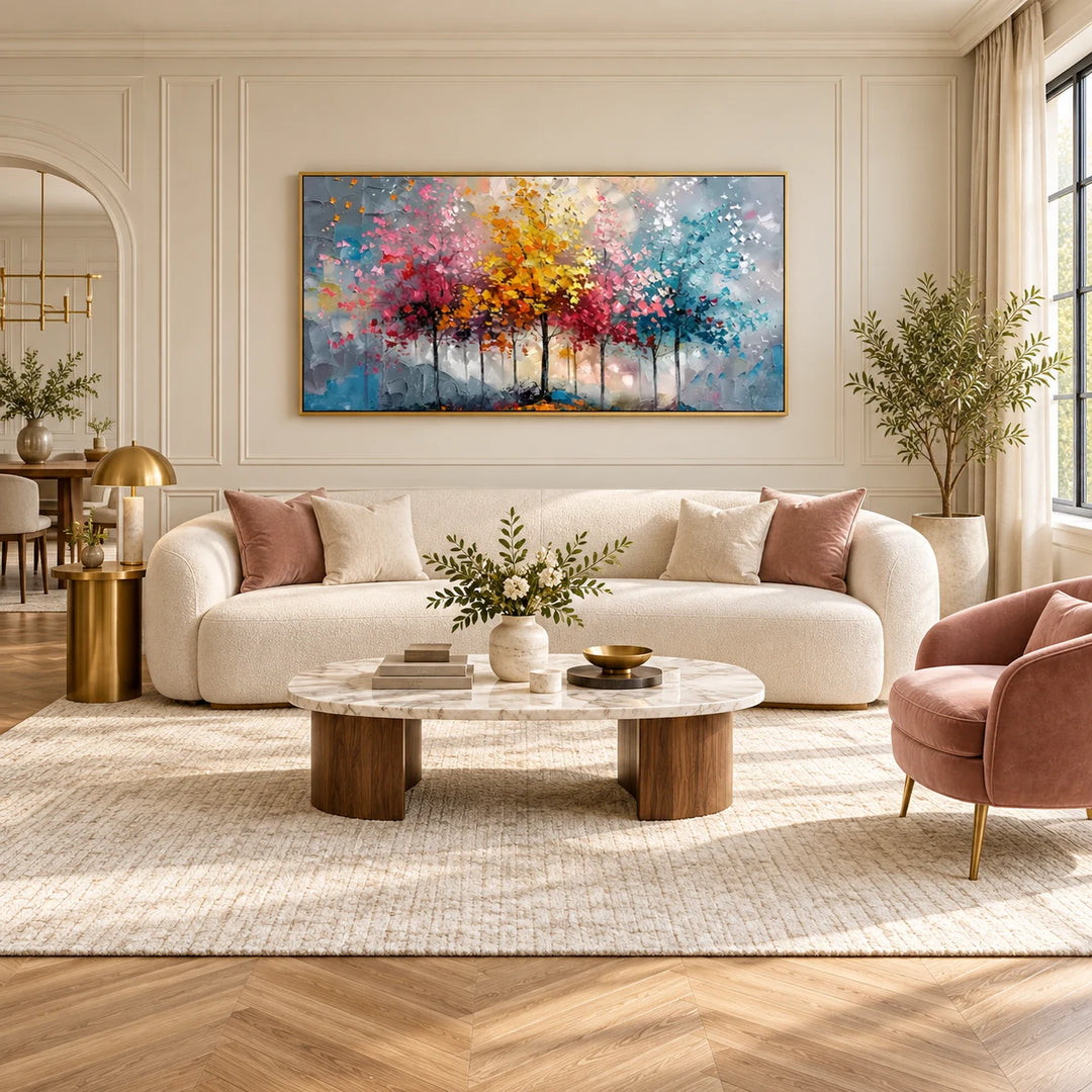 MT2624 colorful abstract trees painting with gold frame in a complete cream and blush luxury lounge