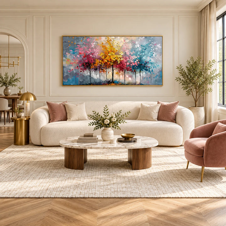 MT2624 colorful abstract trees painting with gold frame in a complete cream and blush luxury lounge