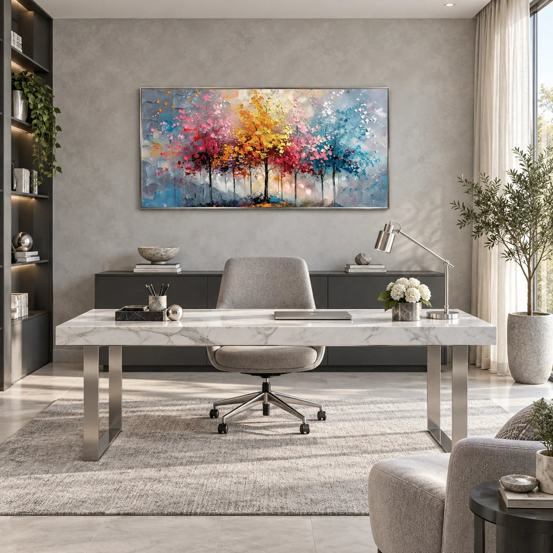MT2624 colorful abstract trees painting with silver frame in a complete contemporary home office