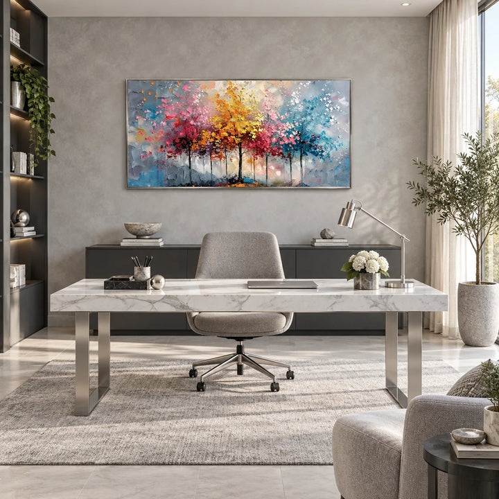 MT2624 colorful abstract trees painting with silver frame in a complete contemporary home office