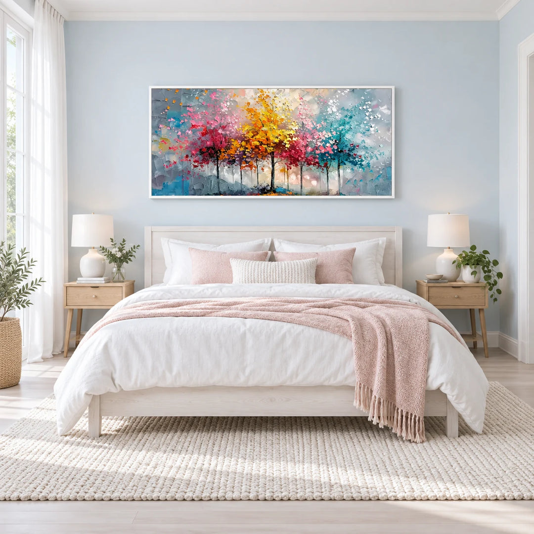 MT2624 colorful abstract trees painting with white frame in a complete Scandinavian bedroom