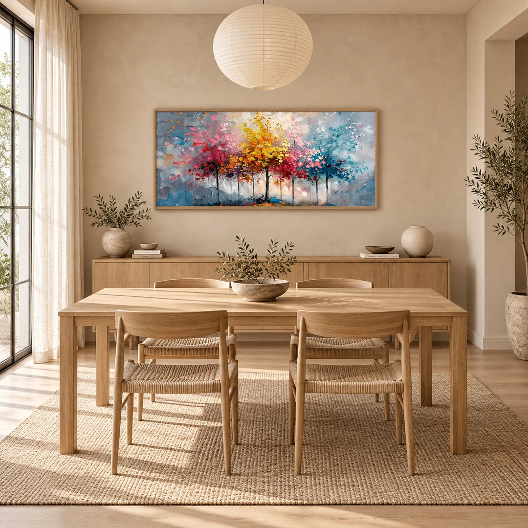 MT2624 colorful abstract trees painting with natural oak frame in a complete Japandi dining room