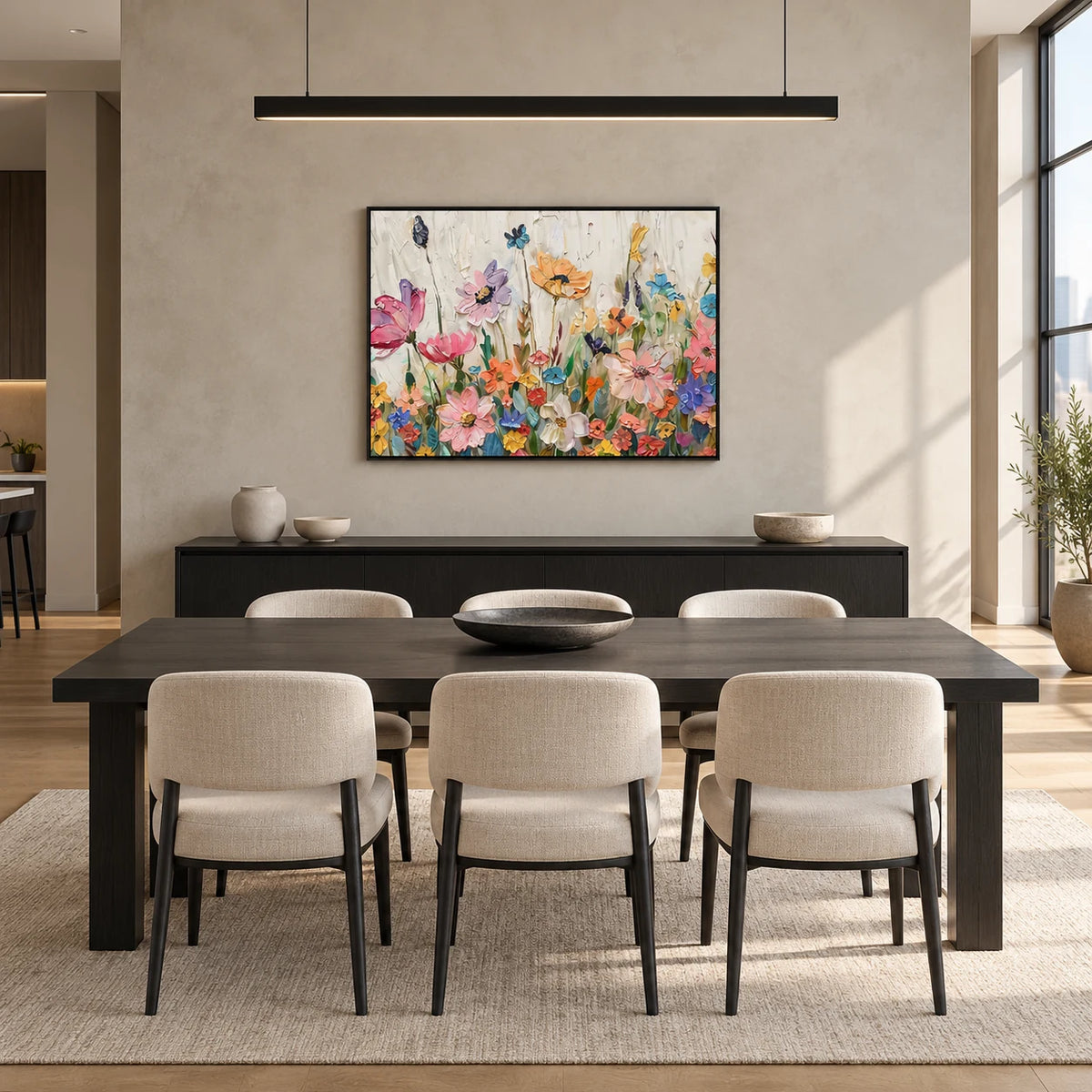 Same room with Pastel Floral Abstract Painting MT#2626 in Black Frame