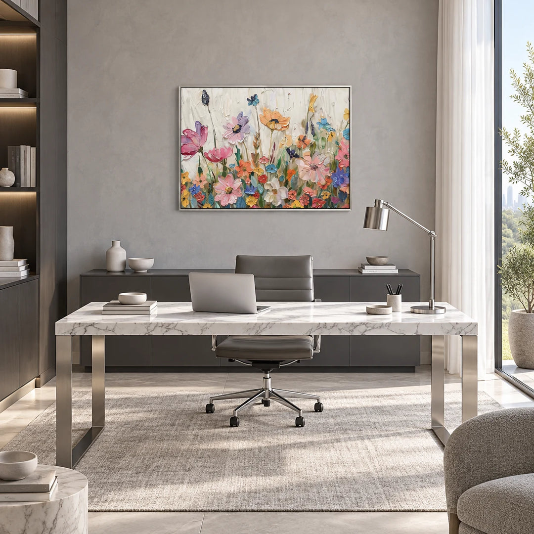 MT2626 pastel wildflower painting in silver floating frame, coordinated complete home interior