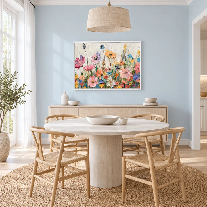 MT2626 pastel wildflower painting in white floating frame, coordinated complete home interior