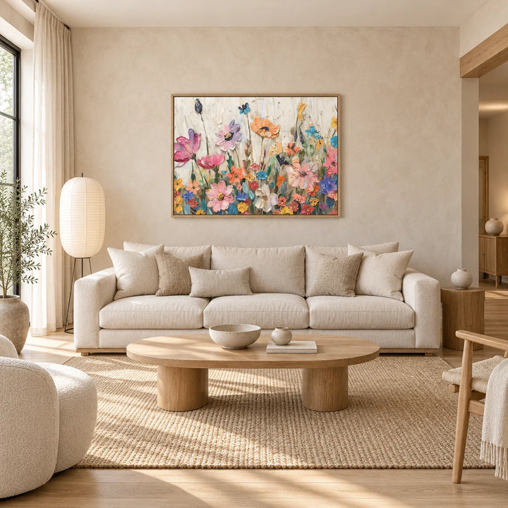 MT2626 pastel wildflower painting in wood floating frame, coordinated complete home interior