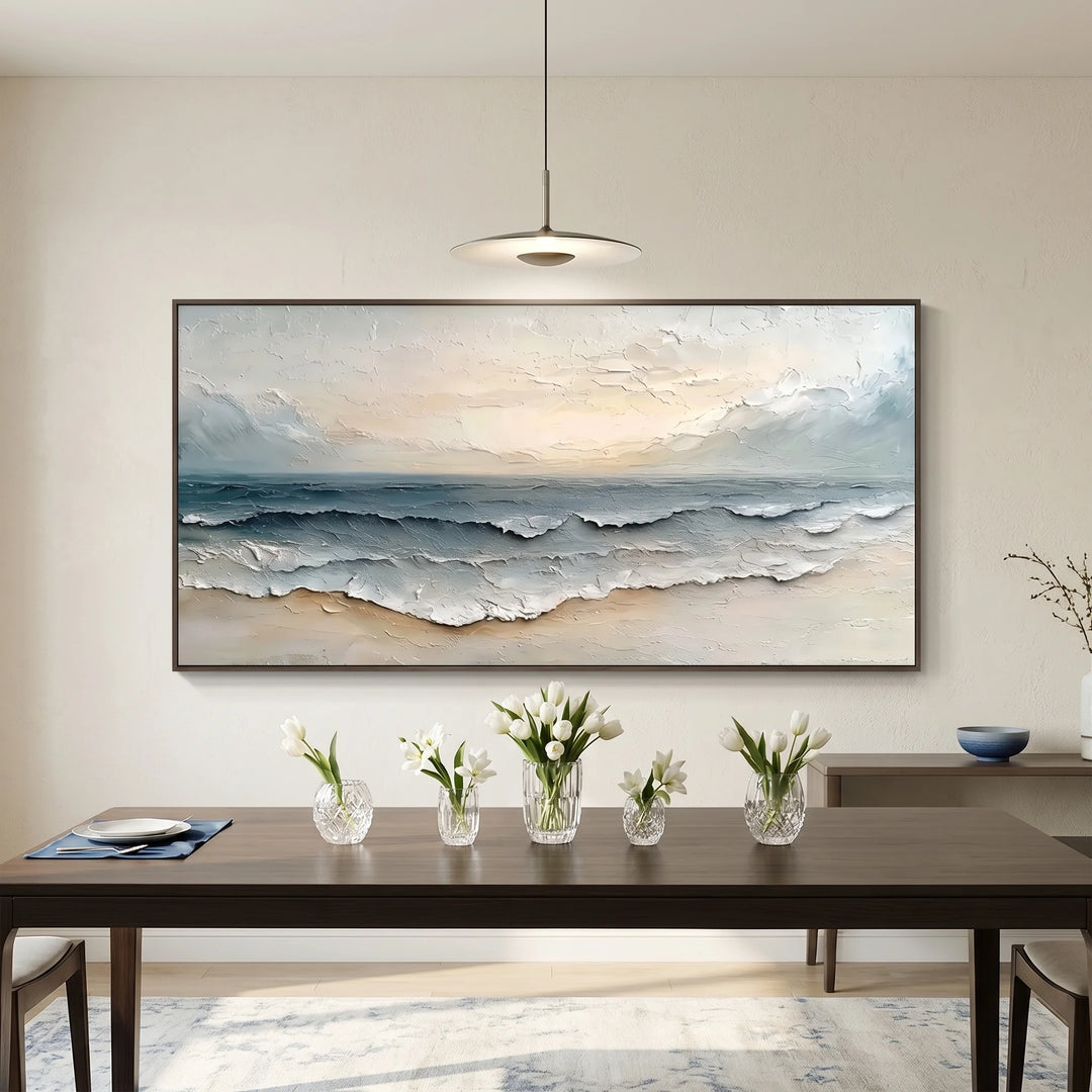 Minimalist Seascape Canvas Print with Soft Ocean Waves TA