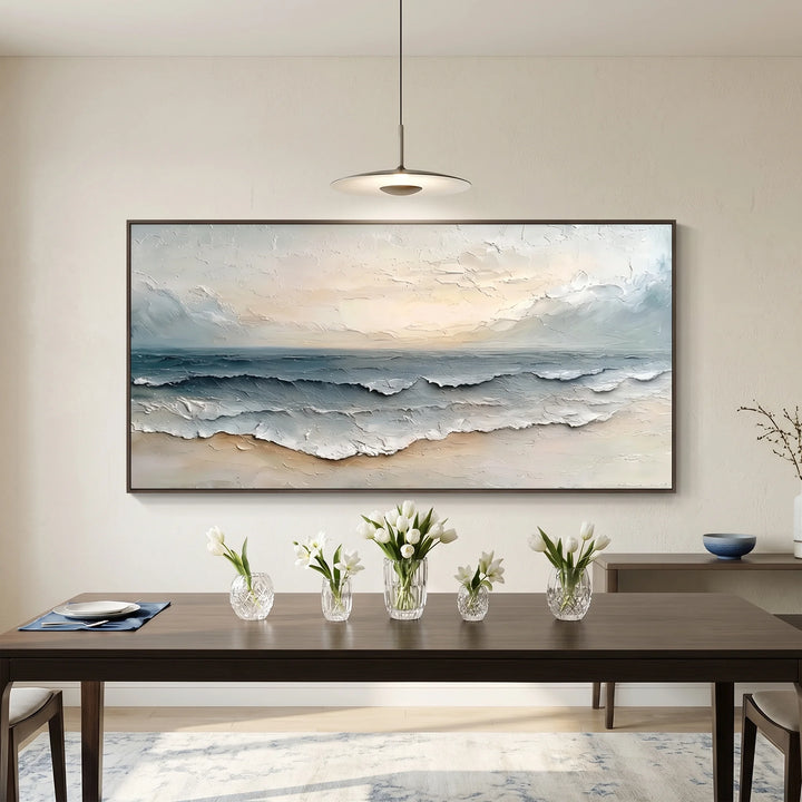 Minimalist Seascape Canvas Print with Soft Ocean Waves TA