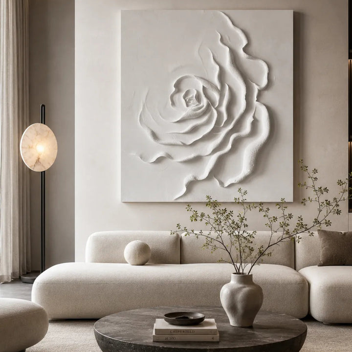 Minimalist White Rose Relief Wall Art for Modern Interior HM