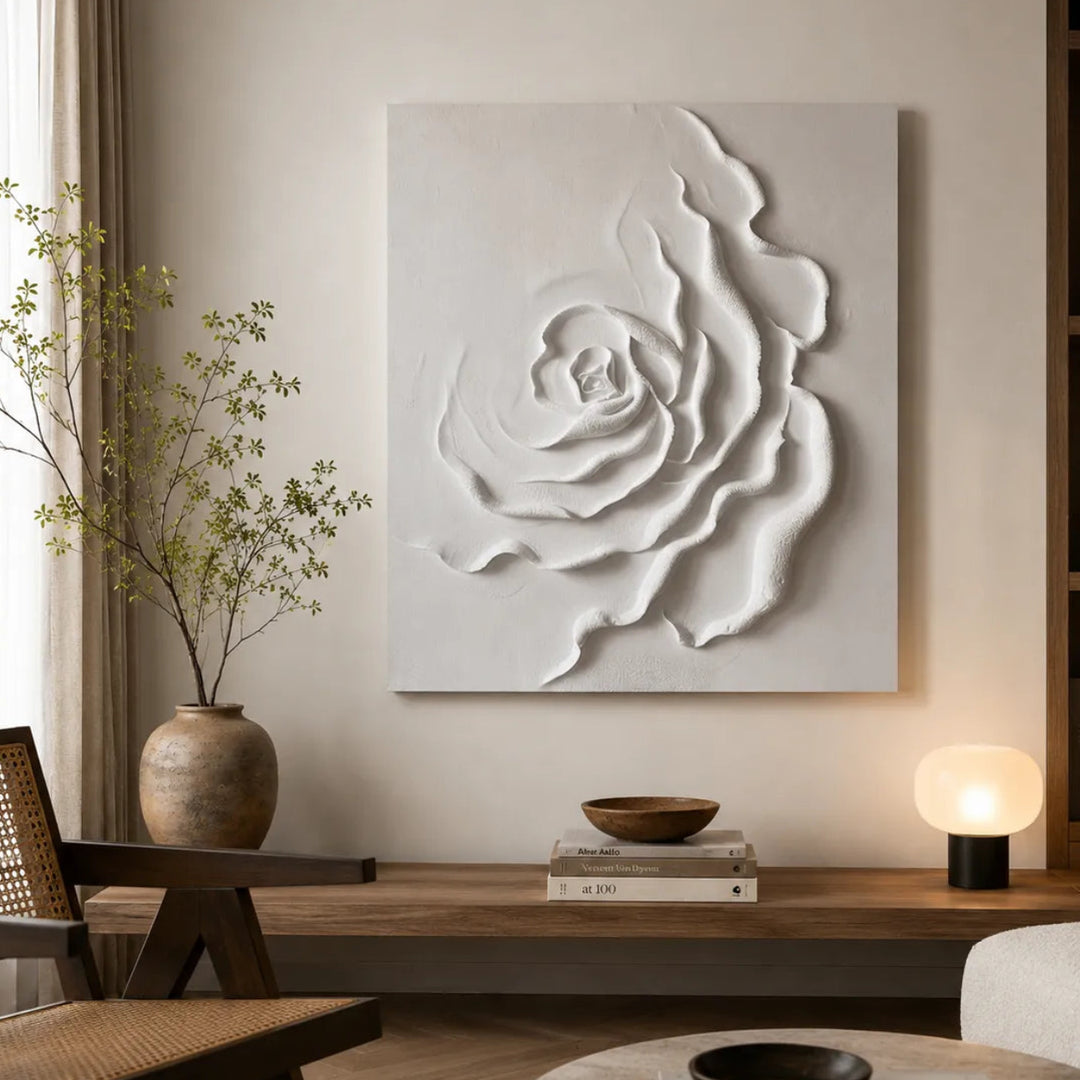 Minimalist White Rose Relief Wall Art for Modern Interior HM