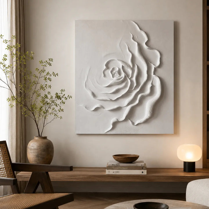 Minimalist White Rose Relief Wall Art for Modern Interior HM