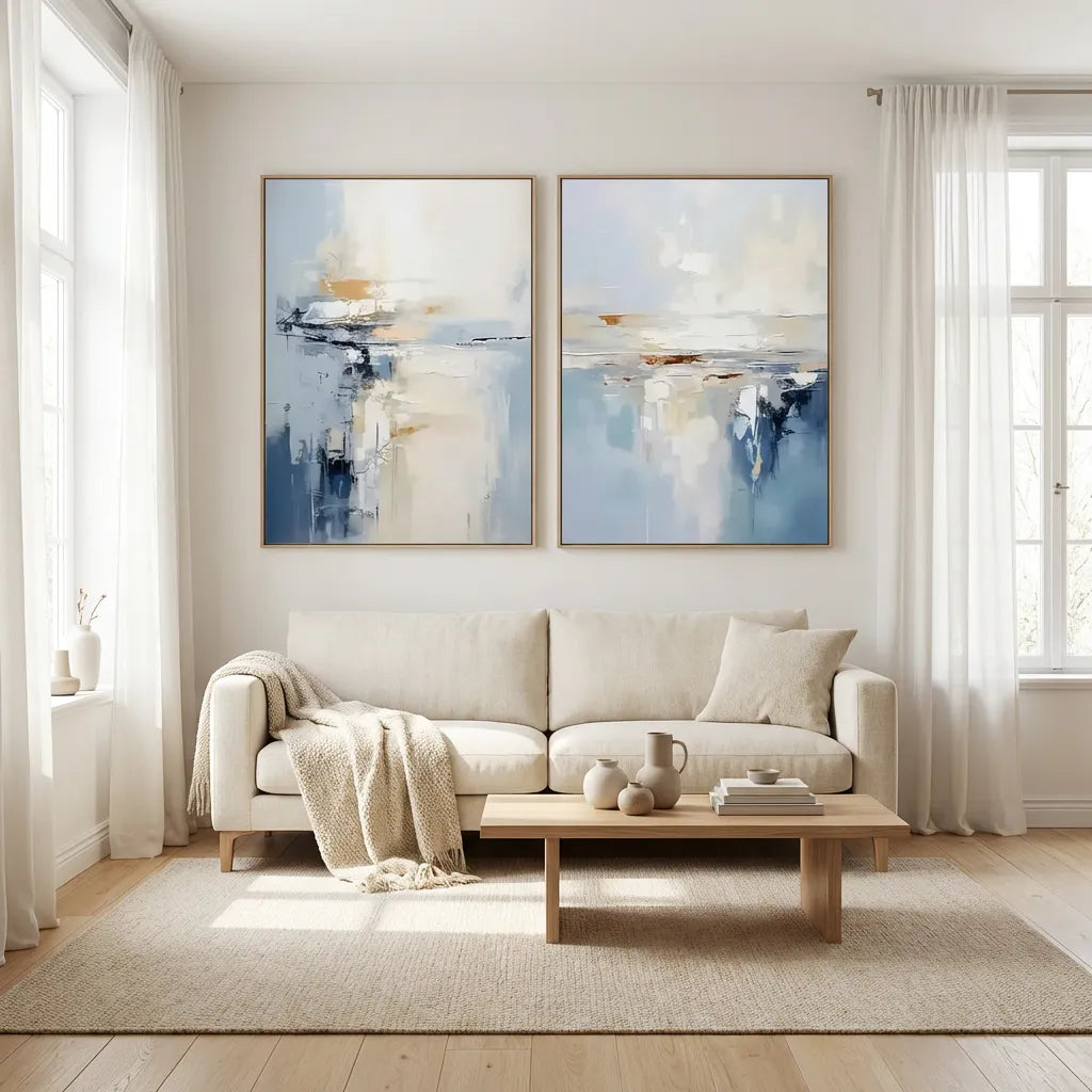 Mist Blue Sunrise Diptych Abstract Painting TA