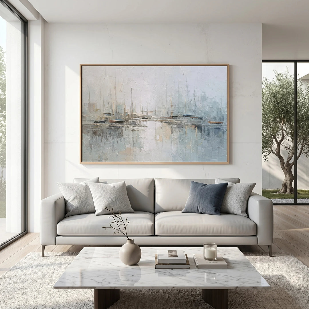 Misty Harbor Sailboat Canvas Print in Soft Blue Tones TA