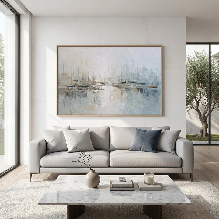 Misty Harbor Sailboat Canvas Print in Soft Blue Tones TA
