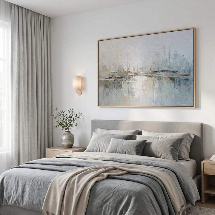 Misty Harbor Sailboat Canvas Print in Soft Blue Tones TA
