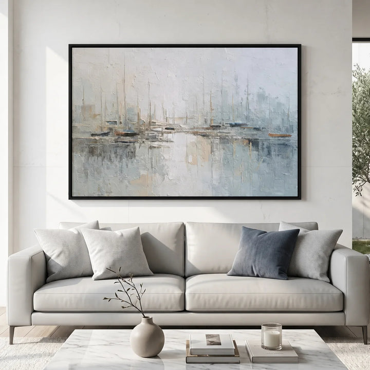 Toile imprimée Misty Harbor - Voilier aux tons bleus doux TA