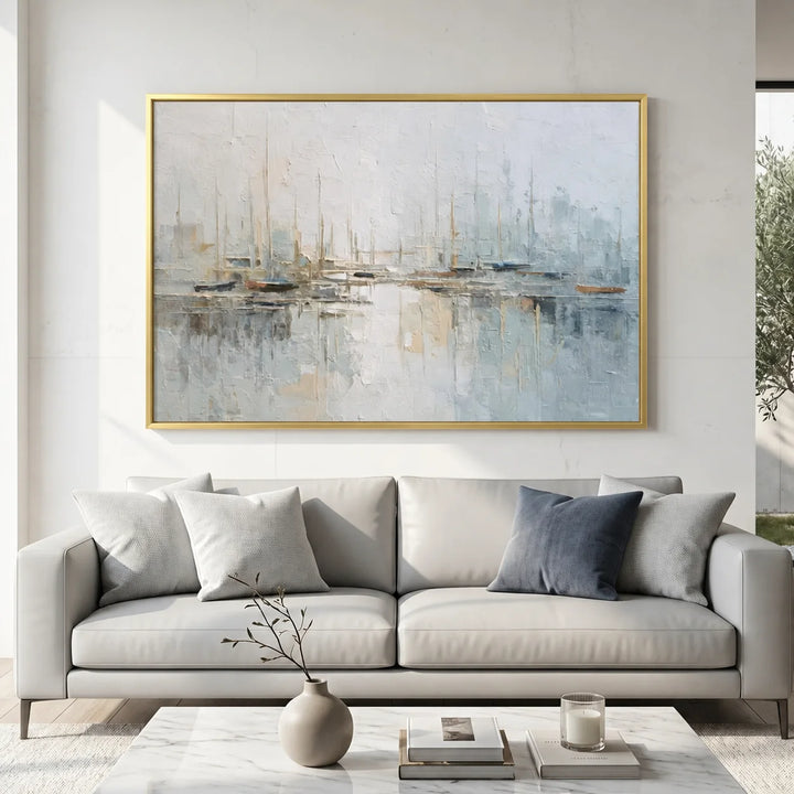 Toile imprimée Misty Harbor - Voilier aux tons bleus doux TA