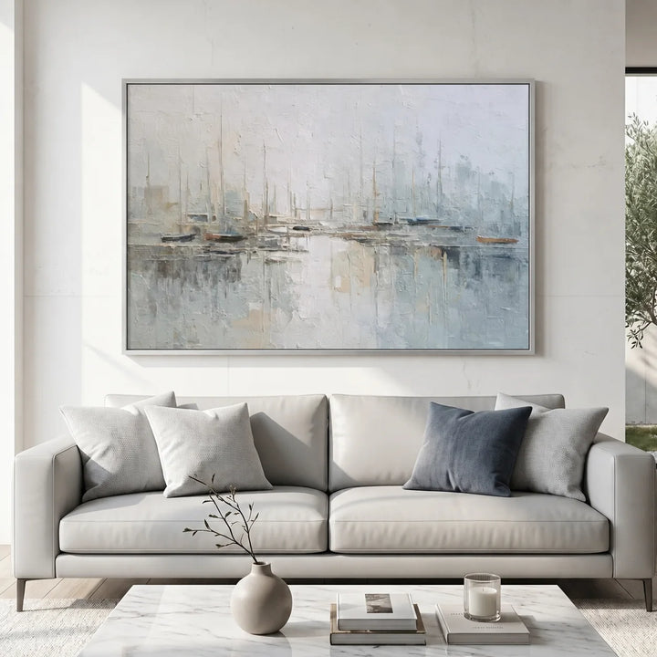 Toile imprimée Misty Harbor - Voilier aux tons bleus doux TA