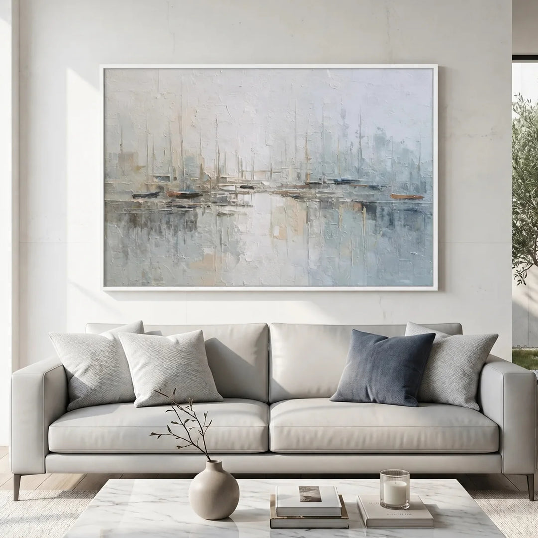 Toile imprimée Misty Harbor - Voilier aux tons bleus doux TA