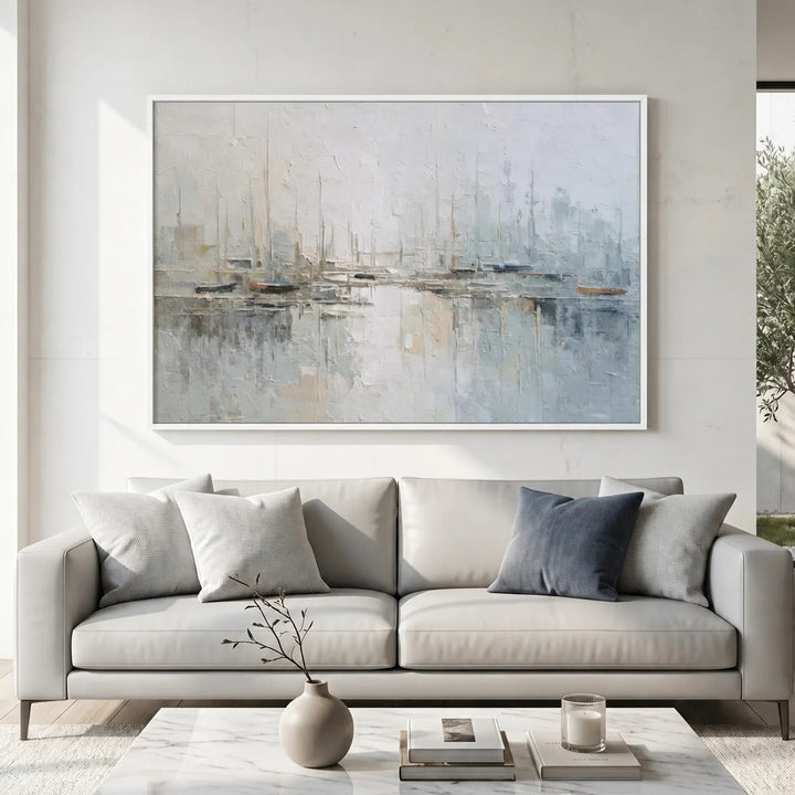 Toile imprimée Misty Harbor - Voilier aux tons bleus doux TA