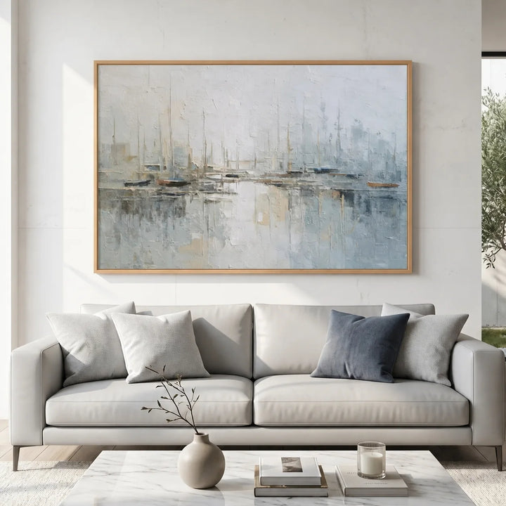 Toile imprimée Misty Harbor - Voilier aux tons bleus doux TA