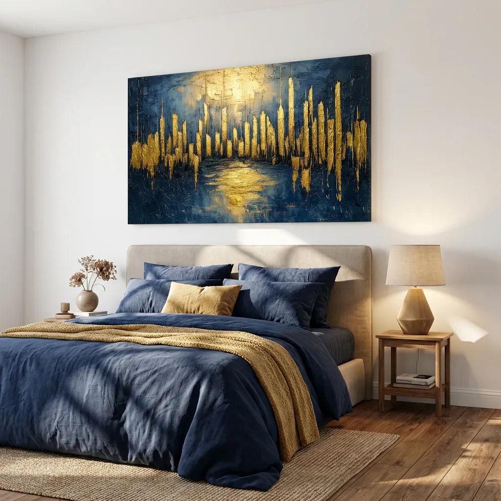 Navy Blue and Gold Abstract Painting for Living Room Wall Art | Modern ...