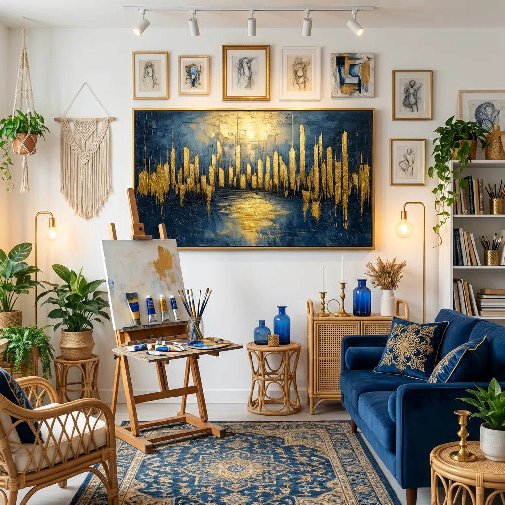 Navy Blue and Gold Abstract Painting for Living Room Wall Art | Modern ...