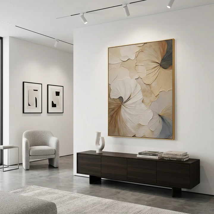 Neutral Ginkgo Leaf Textured Abstract Canvas Art TA