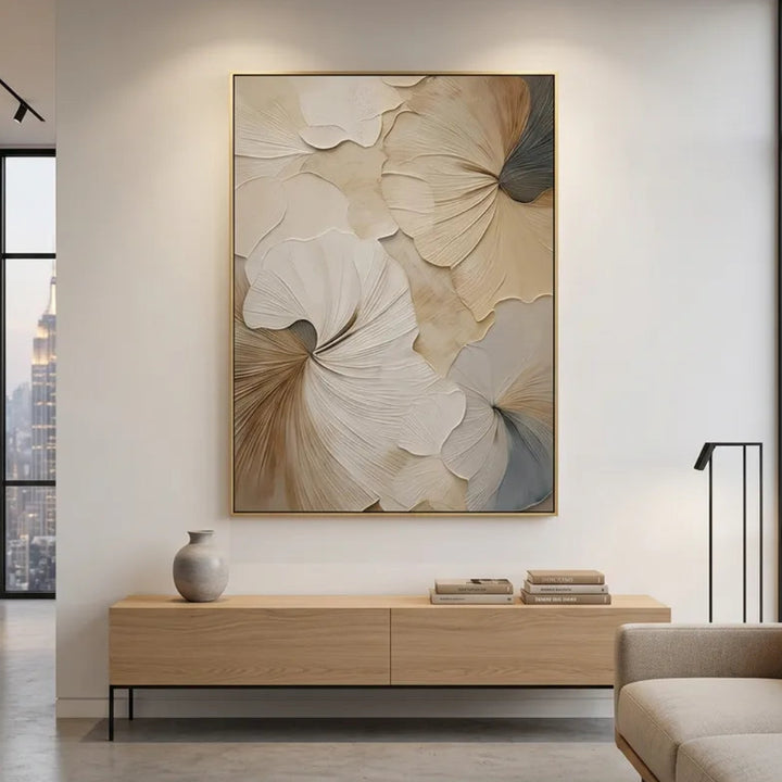 Neutral Ginkgo Leaf Textured Abstract Canvas Art TA
