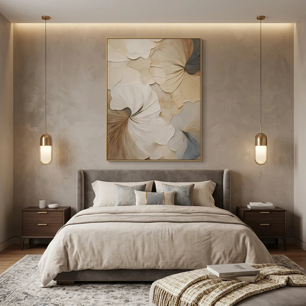 Neutral Ginkgo Leaf Textured Abstract Canvas Art TA