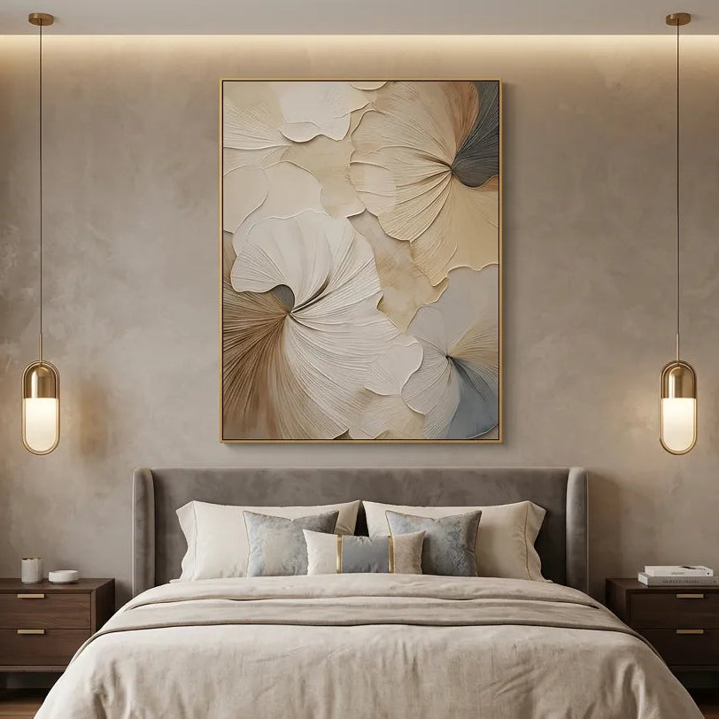 Neutral Ginkgo Leaf Textured Abstract Canvas Art TA#030503 — Existing room preview room preview