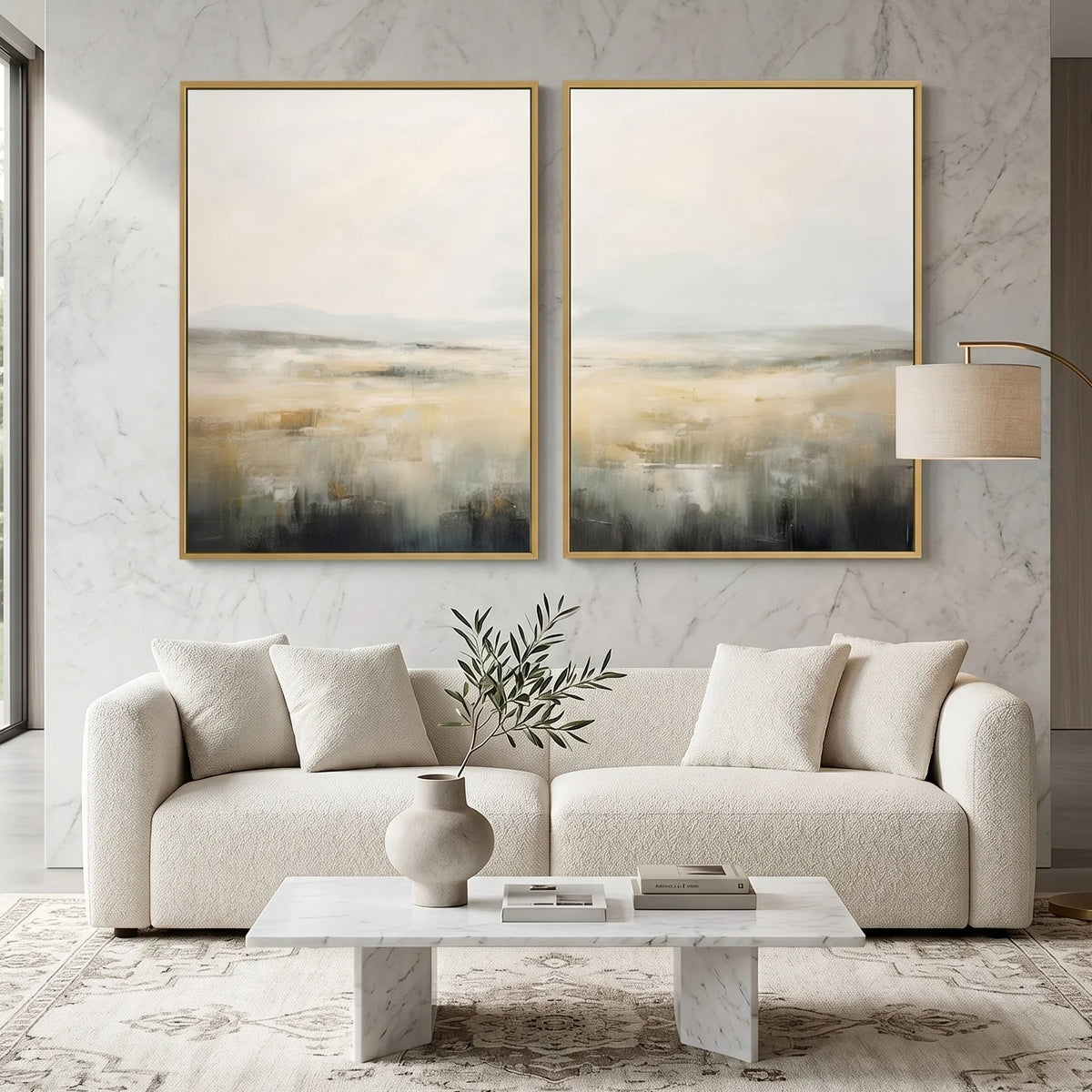 Neutral Landscape Diptych Canvas Painting in Soft Tones TA#1221 — Existing room preview room preview