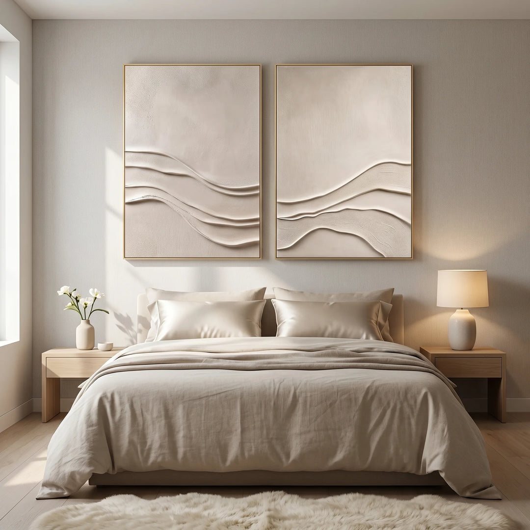 Neutral Relief Diptych Canvas Print with Wave Lines TA
