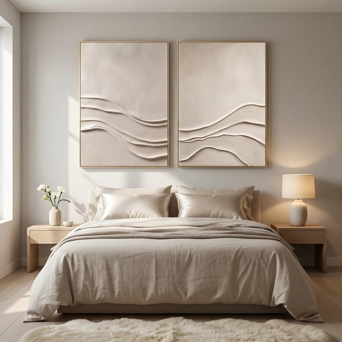 Neutral Relief Diptych Canvas Painting with Wave Lines TA#1215