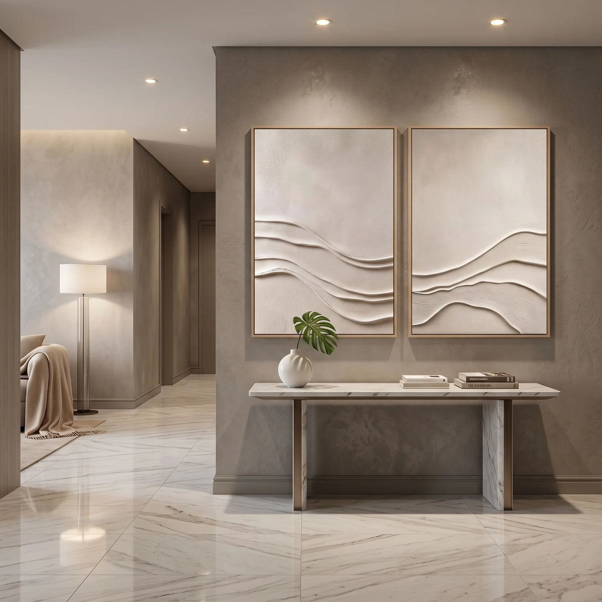 Neutral Relief Diptych Canvas Painting with Wave Lines TA#1215