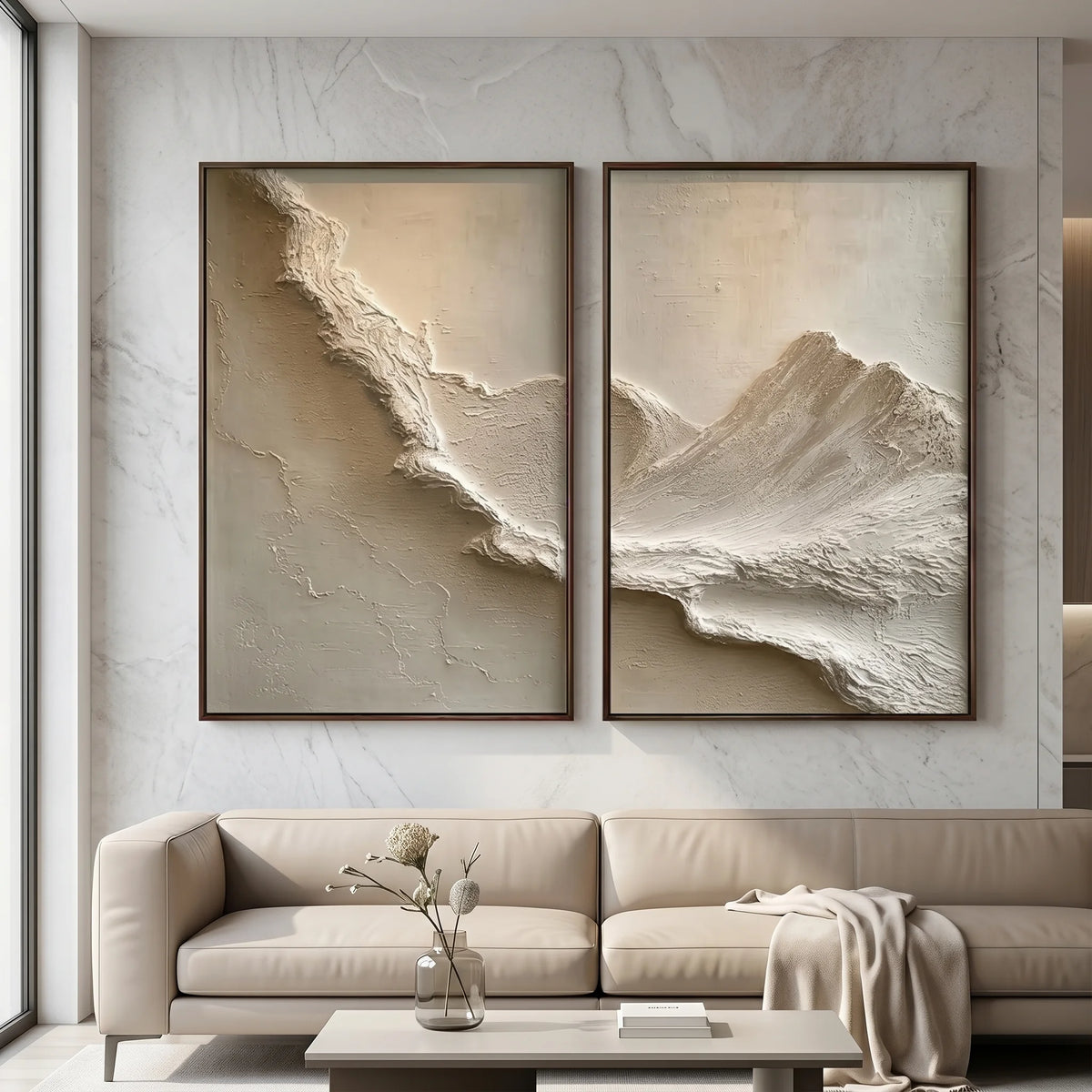 Neutral Textured Mountain Diptych Canvas Painting Set TA#1216 — Existing room preview room preview