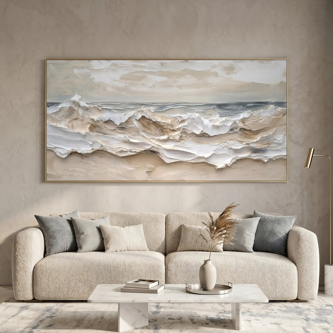 Neutral Wave Canvas Art Beige Coastal Seascape Print TA