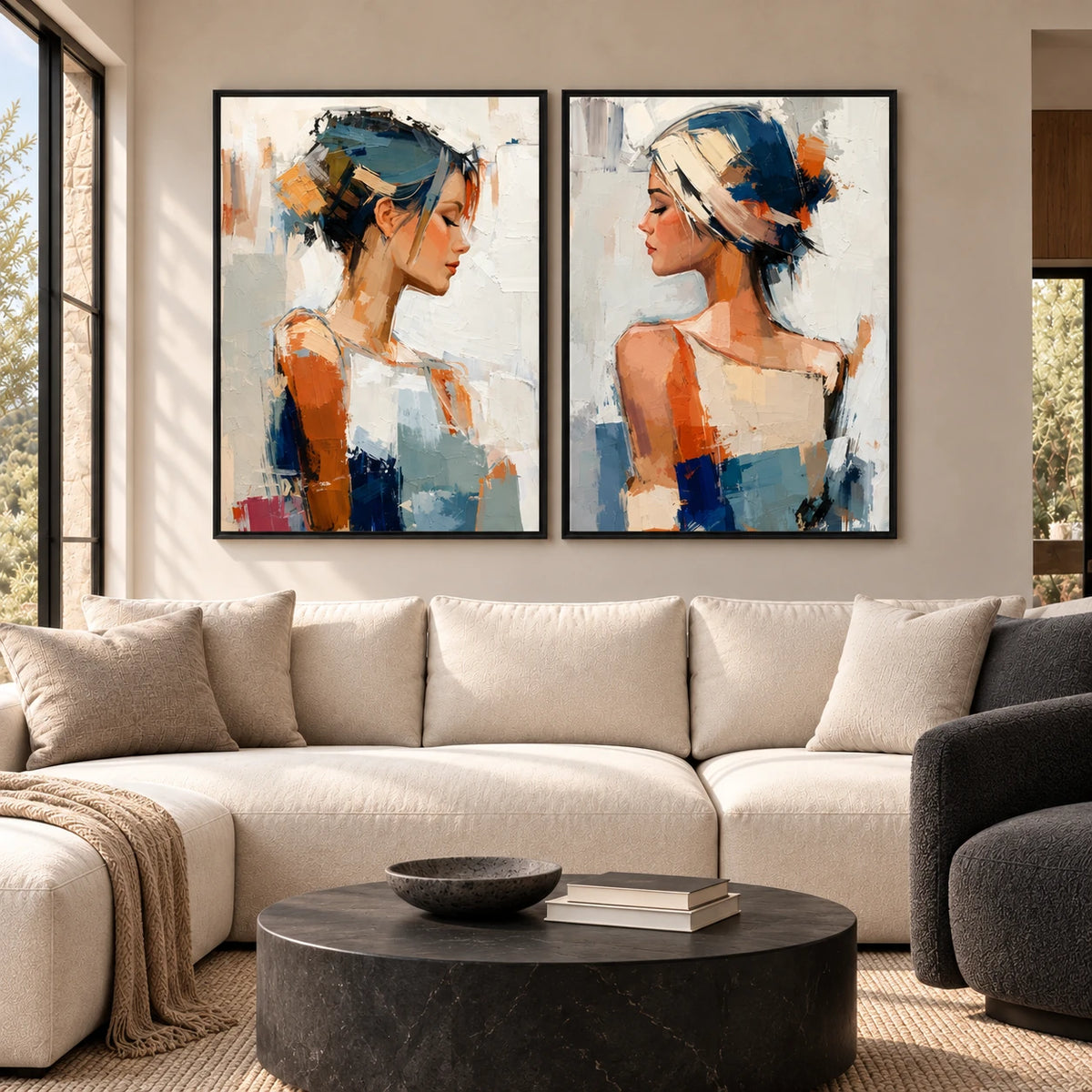Blue & Amber Abstract Portrait Set PP#2112 — Existing room preview room preview
