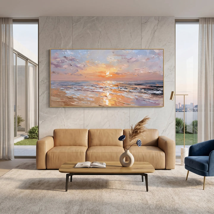 Pastel Sunset Beach Canvas Print with Ocean Waves TA